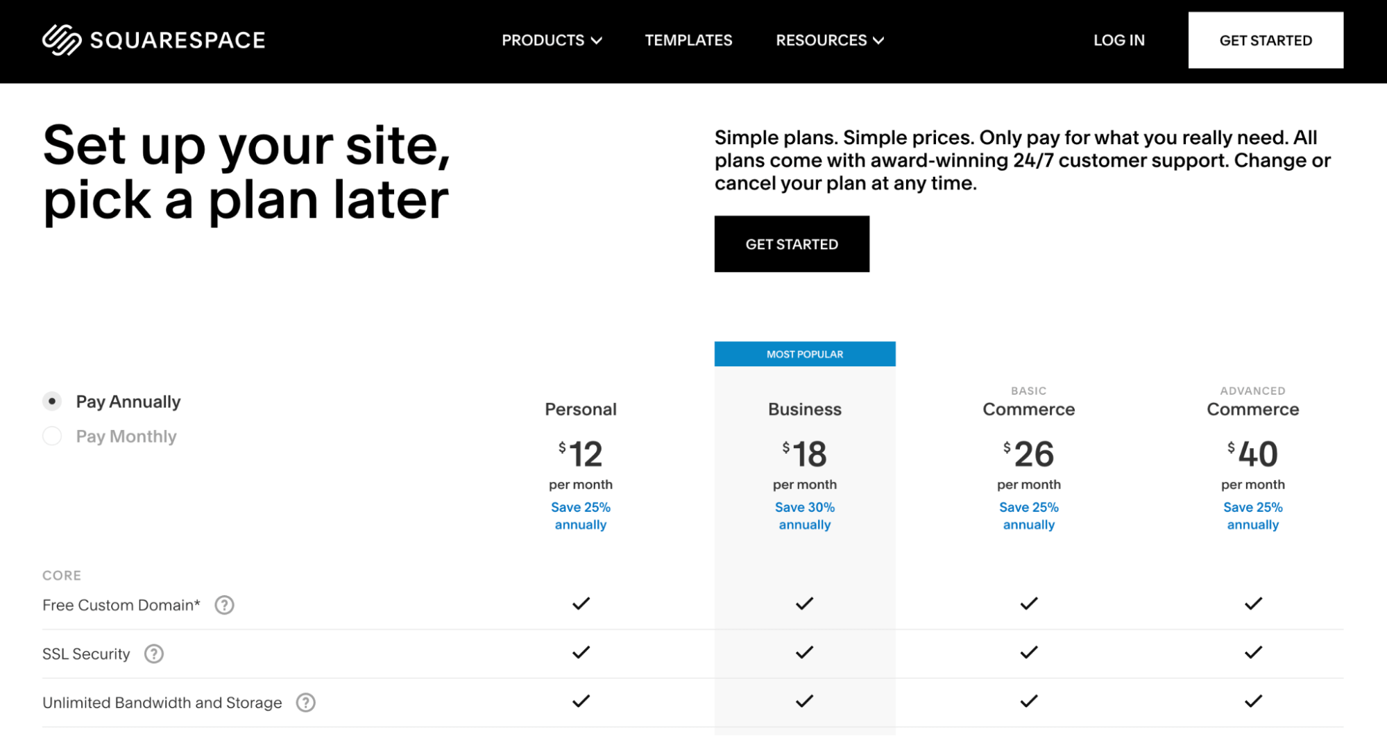 Squarespace pricing page 