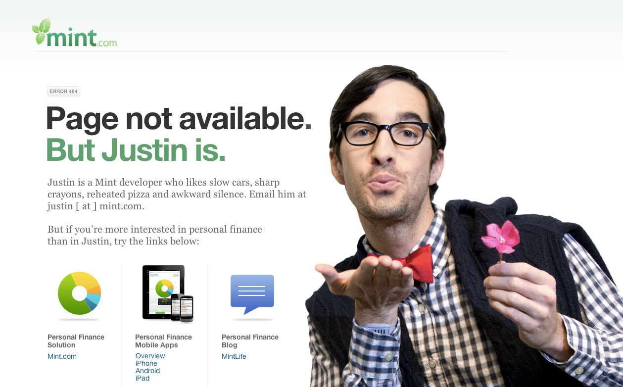 Mint 404 error page with Justin.