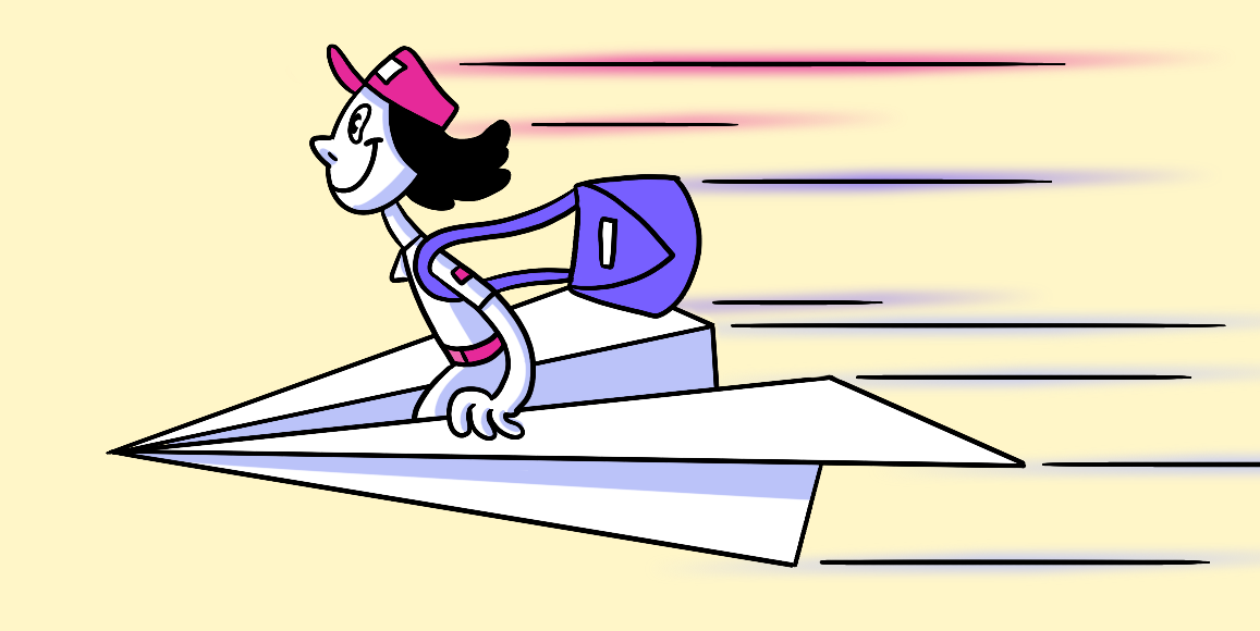 Cartoon girl flying on paper airplane