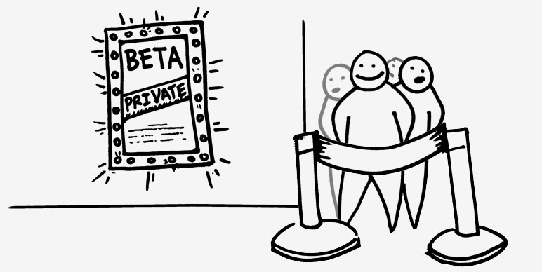 An illustration of a closed beta sign with a waiting list of people.
