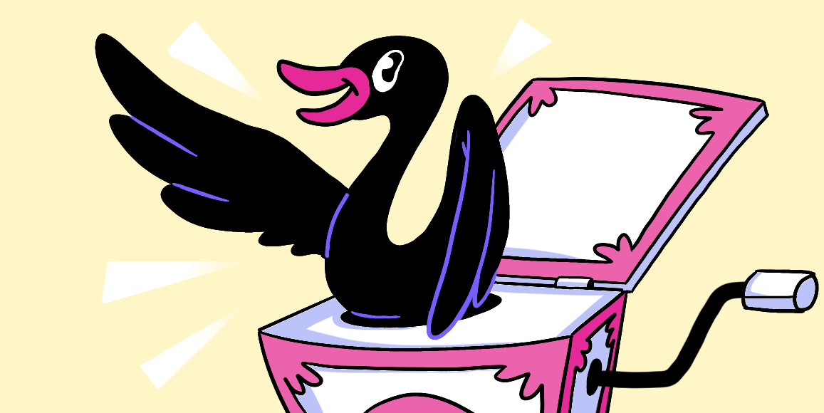 An illustration of a black swan coming out of a box to surprise to demonstrate the Black Swan Theory.