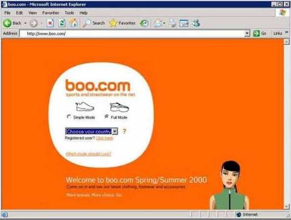 Boo.com homepage pop up showing how to view the site.