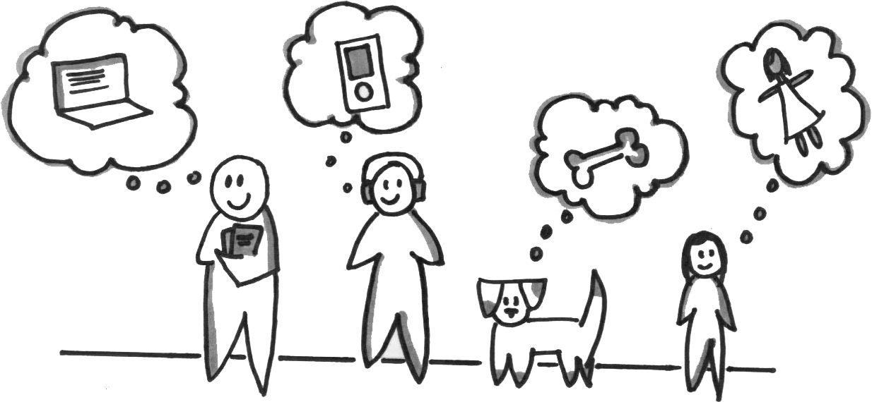 A conceptual illustration of a family showing customer profiles with thought bubbles.