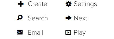 Common mobile icons: create, search, email, settings, next and play.