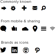 Mobile icons that are commonly known, such as sharing and branded icons (twitter, linkedin, pinterest)