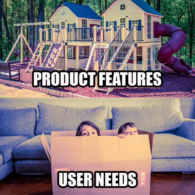 product marketing meme that illustrates product features (fancy playground) contrasted against user needs (two kids playing in a cardboard box)