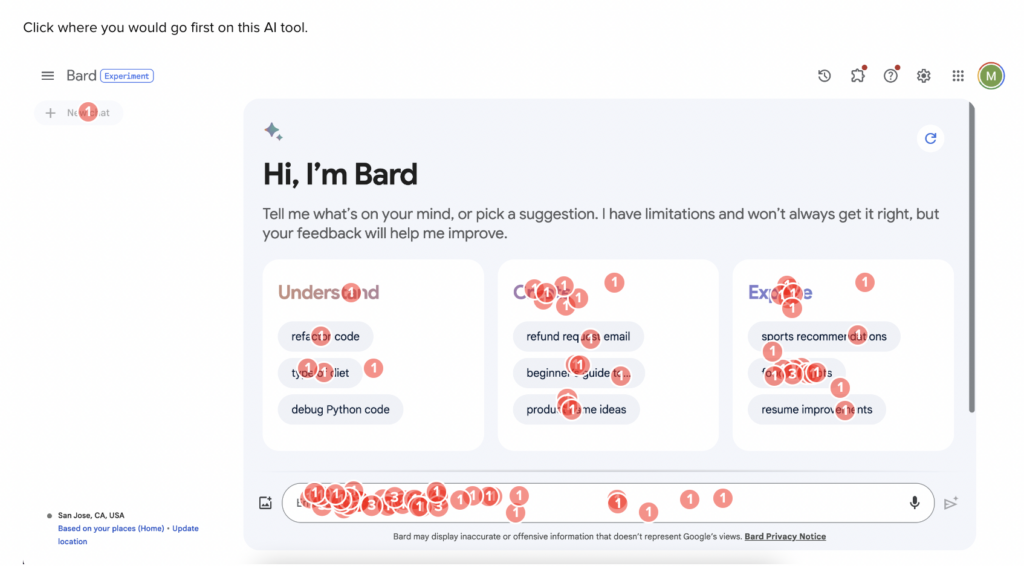 Conversational UI click test results of Google Bard