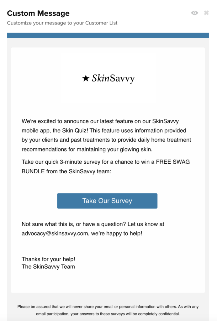 Email from SkinSavvy announcing their latest feature on their mobile app. This is an example of how to engage in more customer conversations with your audience.