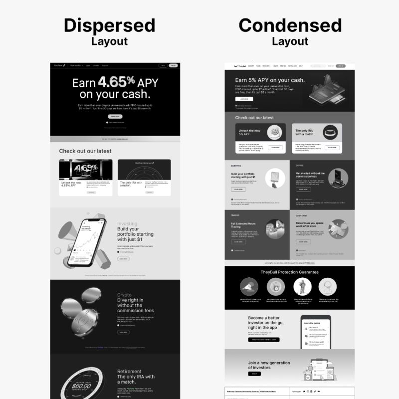 side by side comparison of a dispersed layout vs a condensed responsive landing page layout