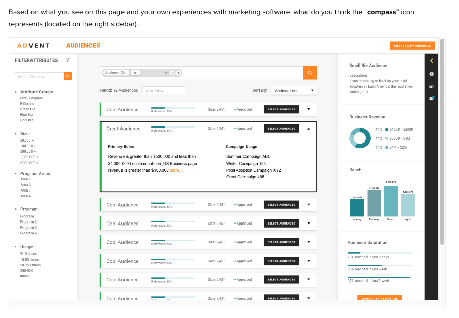Test graphic elements of a dashboard for their new Audience Targeting feature. 