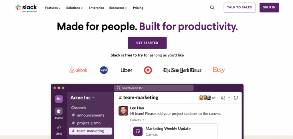 Slack homepage